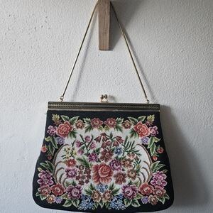 Vintage Black Floral Embroidered Tapestry Clutch